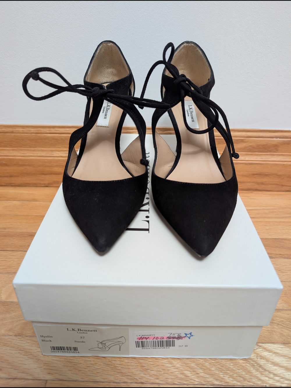LK Bennett Black Suede Pointed Lace-Up Heels